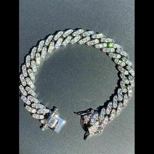 Men Miami Cuban Bracelet White Gold Plated Stainless Steel 12mm Fully Silver CZ